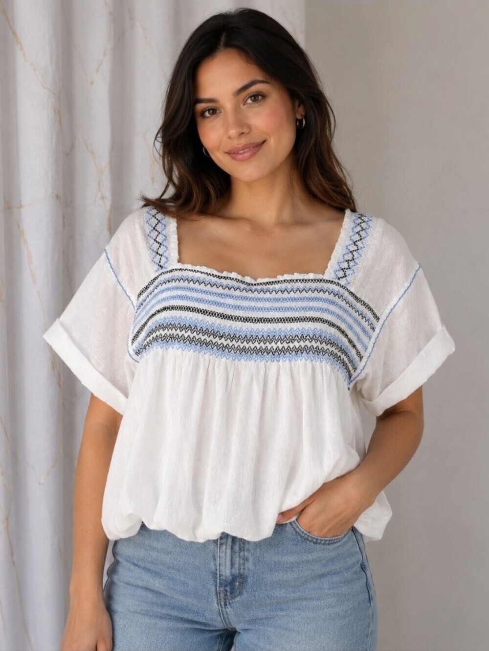 Free People White Peasant Tunic with Blue & Black Embroidery